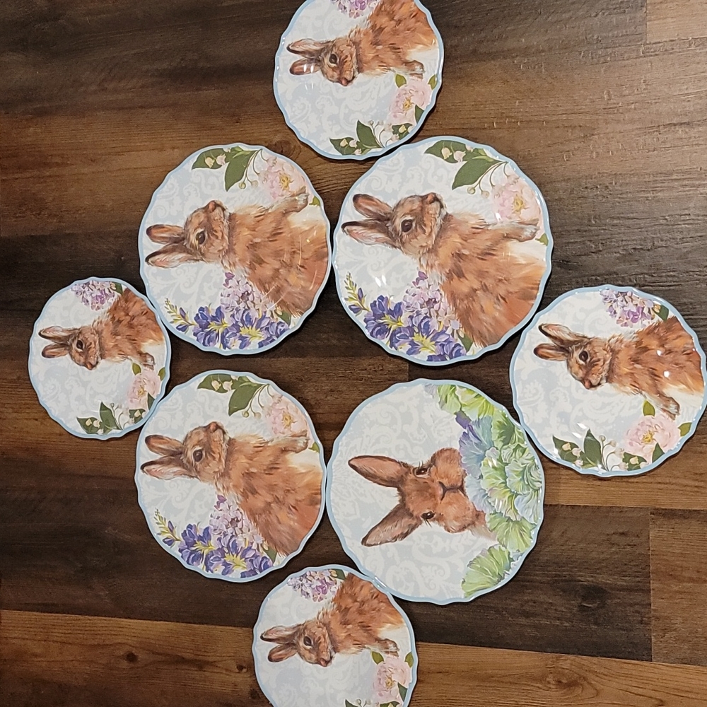 Melamine Easter Rabbit Plates Set of 8 - 4 Dinner 4 Salad